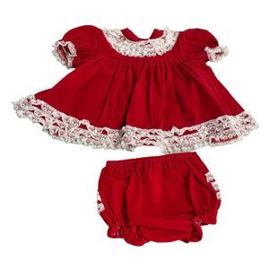Vintage Red Velvet 0-6 Infant Christmas Dress Ruffle Bum 2 Piece Jumper Bloomers